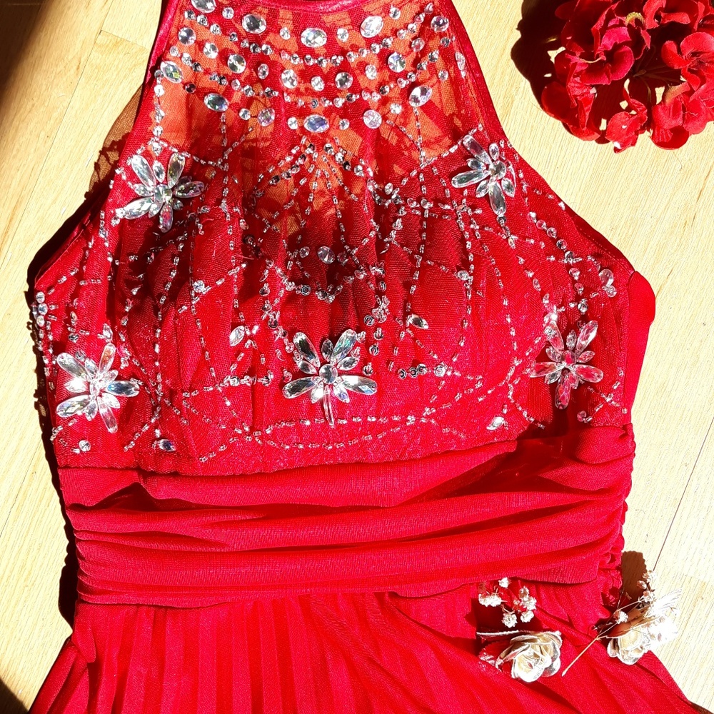Red Prom Dress w Iridescent Beading & Strappy Back
